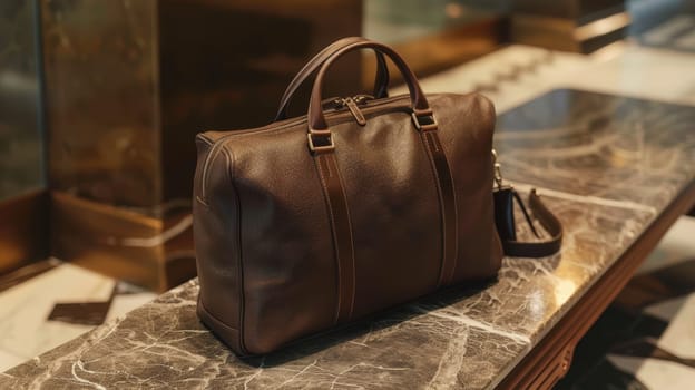 Elegant mocha mousse leather travel bag set on a sleek marble bench, illuminated by sunlight in an upscale airport lounge. accompanied by a passport and boarding pass, suggesting a scene of high-end travel and adventure.