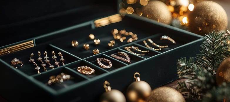 A luxurious jewelry advent calendar featuring elegant earrings, bracelets, and necklaces in velvet-lined compartments. adorned with golden holiday ornaments and shimmering baubles, it exudes festive elegance and sophistication.