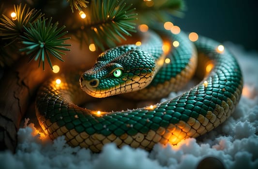 A snake, adorned with sparkling Christmas lights, coils gracefully among the branches of a beautifully decorated tree. The colorful lights enhance the festive charm of the holiday scene. High quality photo