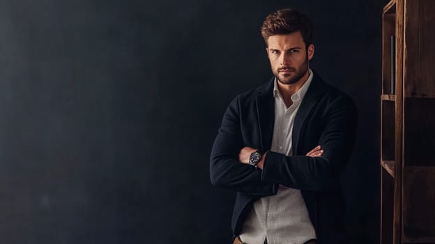 Handsome English man model dressed up smart casual fashion style, exuding refined masculinity and timeless elegance idea