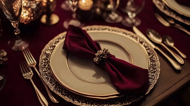 Christmas tablescape decoration, formal family dinner holiday celebration, luxury table setting decor, English country and home style idea