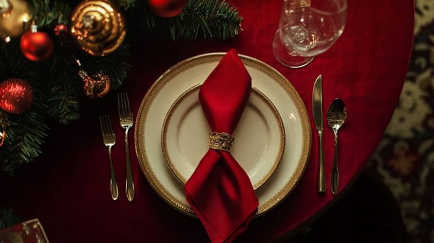 Christmas tablescape decoration, formal family dinner holiday celebration, luxury table setting decor, English country and home style idea