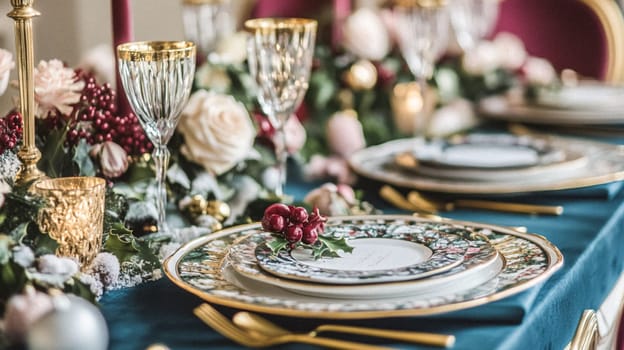 Christmas tablescape decoration, formal family dinner holiday celebration, luxury table setting decor, English country and home style idea