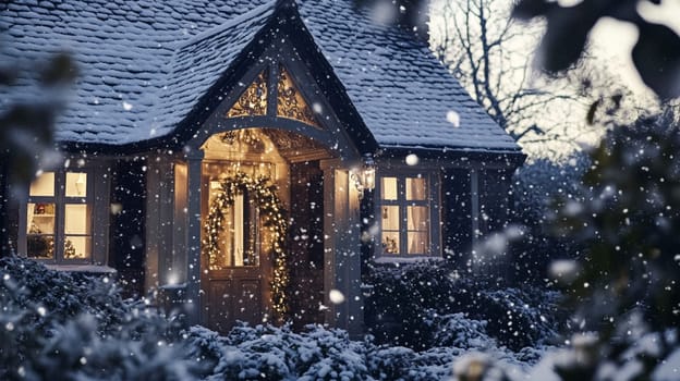 Christmas in the countryside, cottage decorated for holidays on a snowy winter evening with snow and holiday lights, English country styling inspiration