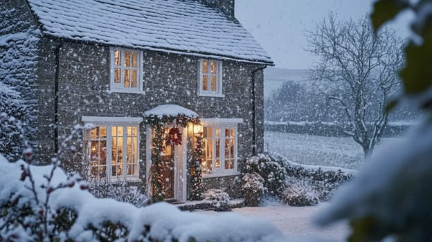 Christmas in the countryside, cottage decorated for holidays on a snowy winter evening with snow and holiday lights, English country styling inspiration