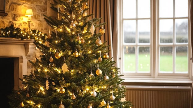 Christmas, holiday decor and country cottage style, cosy atmosphere, decorated Christmas tree in the English countryside house living room with fireplace, interior decoration idea