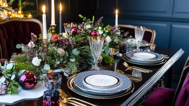 Christmas tablescape decoration, formal family dinner holiday celebration, luxury table setting decor, English country and home style idea