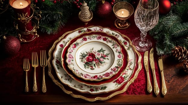 Christmas tablescape decoration, formal family dinner holiday celebration, luxury table setting decor, English country and home style idea