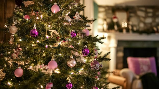 Christmas, holiday decor and country cottage style, cosy atmosphere, decorated Christmas tree in the English countryside house living room with fireplace, interior decoration idea