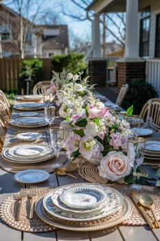 An elegant outdoor brunch table set with mocha mousse placemats and gold cutlery. delicate china and glasses complement fresh floral centerpieces in soft pastel shades, all placed in a lush garden setting perfect for celebrations.
