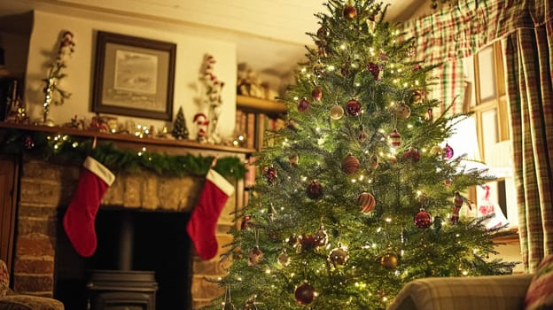 Christmas, holiday decor and country cottage style, cosy atmosphere, decorated Christmas tree in the English countryside house living room with fireplace, interior decoration idea