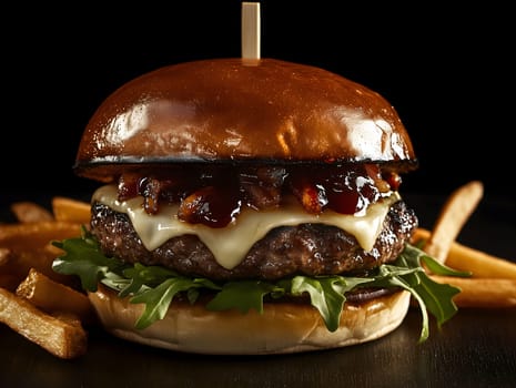 Close-up of a juicy gourmet cheeseburger with melted cheese, fresh arugula, and barbecue sauce on a toasted bun, served with golden crispy fries, captured on a dark background