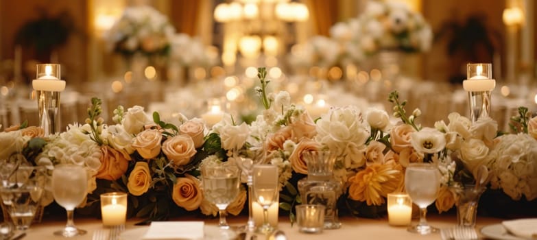 Elegant wedding table scene showcasing mocha mousse runners, cream candles, and lush floral centerpieces. a sophisticated setup for an intimate celebration, highlighted by delicate roses and ambient lighting, creating a warm, romantic atmosphere.