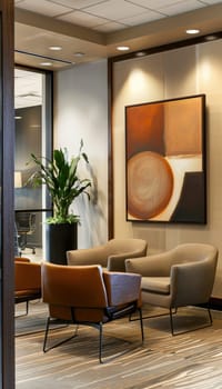 Contemporary corporate reception area featuring elegant mocha mousse-colored seating, complemented by a striking piece of modern artwork. stylish lighting and sophisticated decor create a welcoming and professional atmosphere.