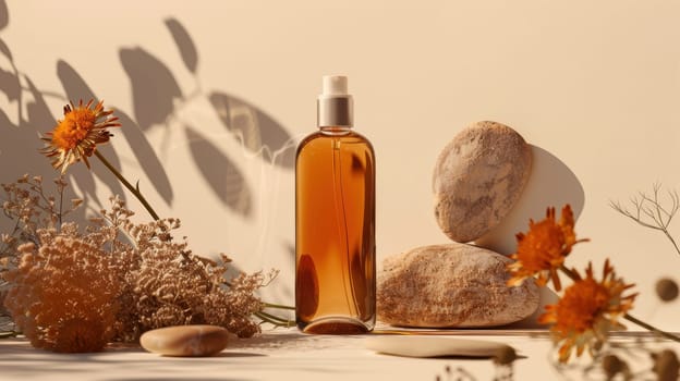A sleek bottle of body oil, encased in mocha mousse packaging, is artfully placed amidst warm-toned flowers and smooth stones, creating a serene and elegant composition ideal for skincare branding and advertising.