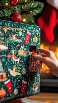 A hand opens a door on a vibrant advent calendar, revealing a small wrapped gift. the calendar is adorned with intricate holiday-themed illustrations, set against a cozy background featuring a christmas stocking and seasonal decor.