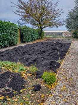 Adding heaps of topsoil to the vegetable patch in the garden of a residential house. High quality photo