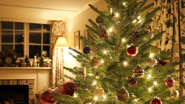 Christmas, holiday decor and country cottage style, cosy atmosphere, decorated Christmas tree in the English countryside house living room with fireplace, interior decoration idea