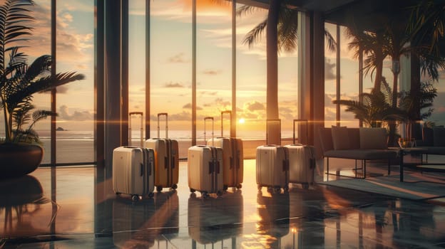 Luxury travel concept featuring exquisite mocha mousse suitcases on the floor of a chic hotel room. large windows reveal a breathtaking sunset over a serene beach, while plush loungers invite relaxation amid tropical plants.