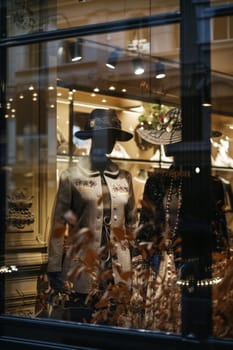 Stylish boutique storefront showcasing mocha mousse mannequins dressed in elegant autumn wear. mannequins are adorned with scarves, hats, and warm-toned clothing, elegantly lit by warm spotlights, creating a cozy, inviting retail atmosphere.