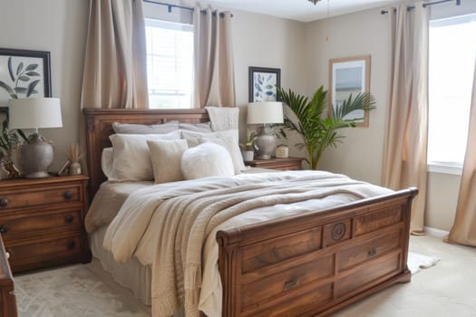 A sophisticated bedroom showcases mocha mousse curtains, a beige duvet, and decorative pillows. natural wooden furniture complements the stylish design, creating a warm and inviting atmosphere ideal for relaxation and tranquility.