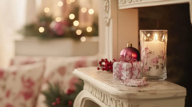 Christmas, holiday decor and country cottage style, cosy atmosphere, decorated Christmas tree in the English countryside house living room with fireplace, interior decoration idea