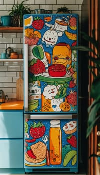 Cartoon-style illustrations of various foods adorn a fridge in a vibrant kitchen setting, enhancing the space with playful, colorful decor. featuring fruits, desserts, and beverages, this lively design infuses creativity and energy into the kitchen.