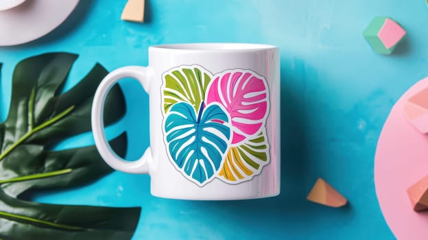 Colorful die-cut sticker featuring a tropical leaf design applied to a white ceramic coffee mug. the mug is set against vibrant decor elements, creating a lively and summery aesthetic perfect for home or office spaces.