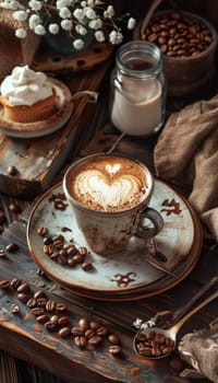 A cozy setting features a mocha mousse latte with heart-shaped foam, placed on a rustic wooden table. surrounded by glowing candles and festive decor, this warm scene evokes the comforting embrace of winter.