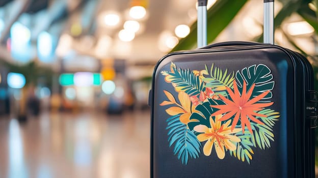 Tropical-themed die cut sticker decorates a luggage case, set against a blurred airport terminal background. ideal for travel, adventure, and vacation concepts, capturing the essence of exploration and journey.
