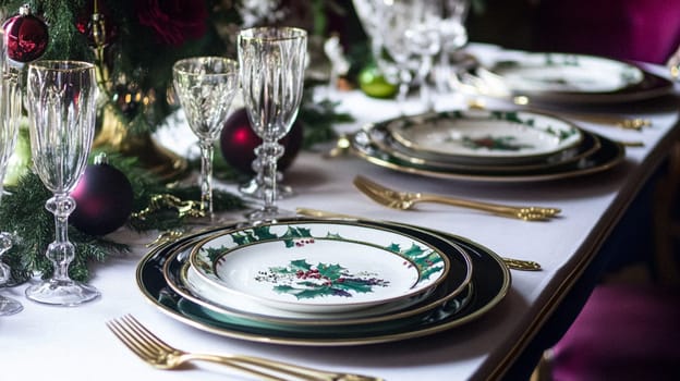 Christmas tablescape decoration, formal family dinner holiday celebration, luxury table setting decor, English country and home style idea