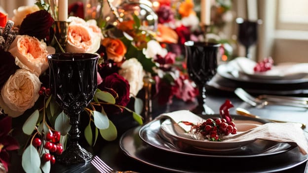 Christmas tablescape decoration, formal family dinner holiday celebration, luxury table setting decor, English country and home style idea