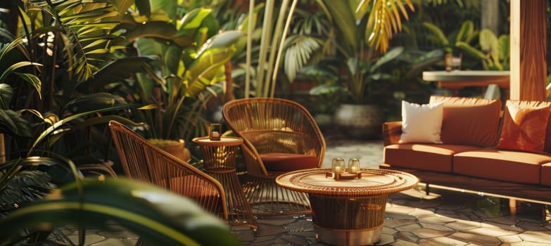 Luxury outdoor patio featuring stylish mocha mousse seating and a low wooden table, set against a lush tropical backdrop. ideal for summer campaign designs, showcasing comfort and elegance in a sophisticated, natural setting.