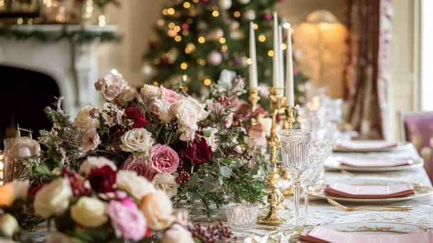 Christmas tablescape decoration, formal family dinner holiday celebration, luxury table setting decor, English country and home style idea