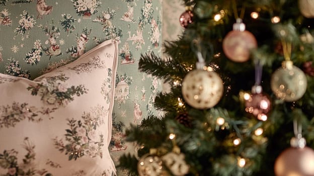 Christmas, holiday decor and country cottage style, cosy atmosphere, decorated Christmas tree in the English countryside house living room with fireplace, interior decoration idea