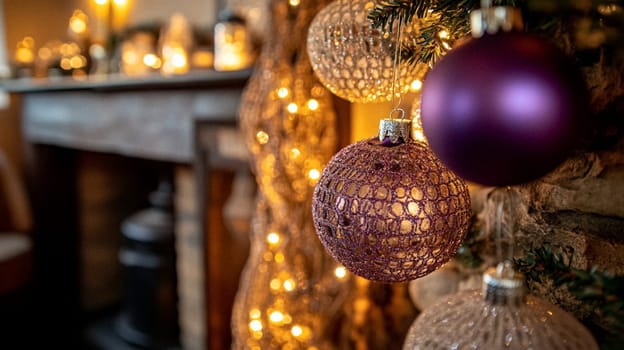 Christmas, holiday decor and country cottage style, cosy atmosphere, decorated Christmas tree in the English countryside house living room with fireplace, interior decoration idea