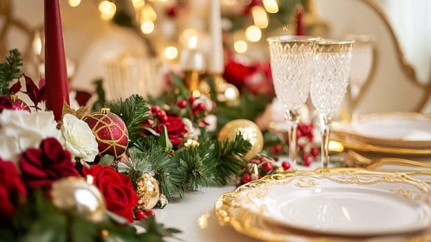 Christmas tablescape decoration, formal family dinner holiday celebration, luxury table setting decor, English country and home style idea