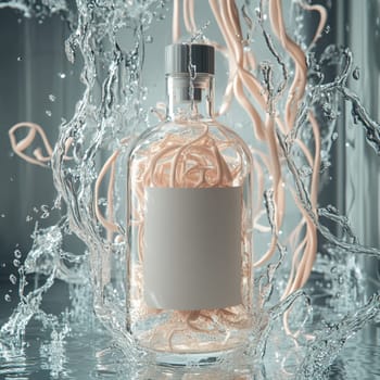 Pink gin bottle is standing in water with red ribbons flying around it and water splashing. The background is light grey