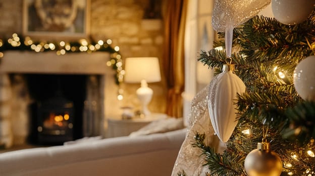 Christmas, holiday decor and country cottage style, cosy atmosphere, decorated Christmas tree in the English countryside house living room with fireplace, interior decoration idea