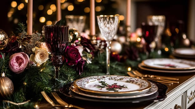 Christmas tablescape decoration, formal family dinner holiday celebration, luxury table setting decor, English country and home style idea