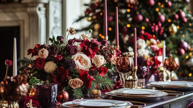 Christmas tablescape decoration, formal family dinner holiday celebration, luxury table setting decor, English country and home style idea