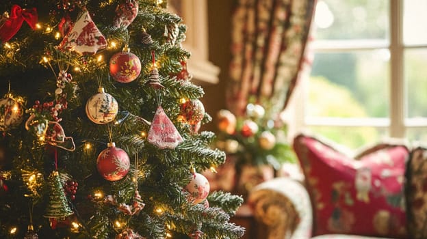 Christmas, holiday decor and country cottage style, cosy atmosphere, decorated Christmas tree in the English countryside house living room with fireplace, interior decoration idea