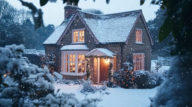 Christmas in the countryside, cottage decorated for holidays on a snowy winter evening with snow and holiday lights, English country styling inspiration