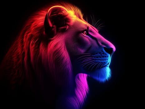 Side profile of a majestic lion glowing with vivid neon colors, including red, pink, and blue, set against a black background, showcasing bold and modern digital artwork.