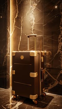 Luxurious mocha mousse luggage featuring sleek gold detailing set against a textured neutral backdrop, bathed in warm spotlighting. perfect for upscale travel, design inspirations, and sophisticated decor themes.