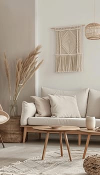 Contemporary living room featuring a stylish mocha mousse macrame wall hanging, complemented by soft beige furniture, woven textures, and bohemian accents. the cozy setting blends natural elements and neutral tones for a tranquil ambiance.