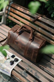 Premium leather travel bag on a rustic wooden bench surrounded by essential travel items like a map, stylish sunglasses, and a hat, evoking a sense of adventure and exploration in a natural setting.