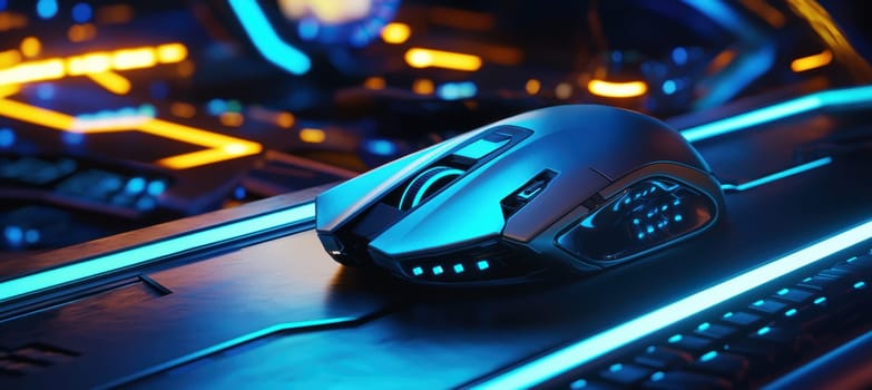A sleek gaming setup featuring a matte silver mouse adorned with a bold holographic tech brand sticker. the desk is illuminated with vibrant neon accents, creating a high-tech ambiance that enhances the modern, immersive gaming experience.