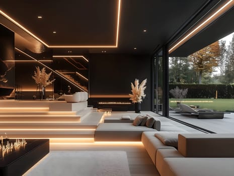 Stylish luxury living room featuring sleek minimalist decor, soft neutral tones, ambient LED lighting, and large windows overlooking a serene outdoor view, creating a sophisticated atmosphere.