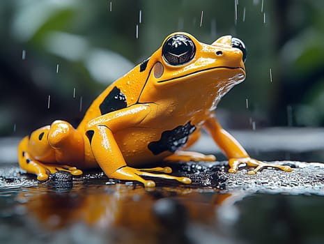 Close-up of a vibrant yellow poison dart frog with black markings, sitting on a wet surface in a rainforest environment, with raindrops falling around it, highlighting its striking colors.